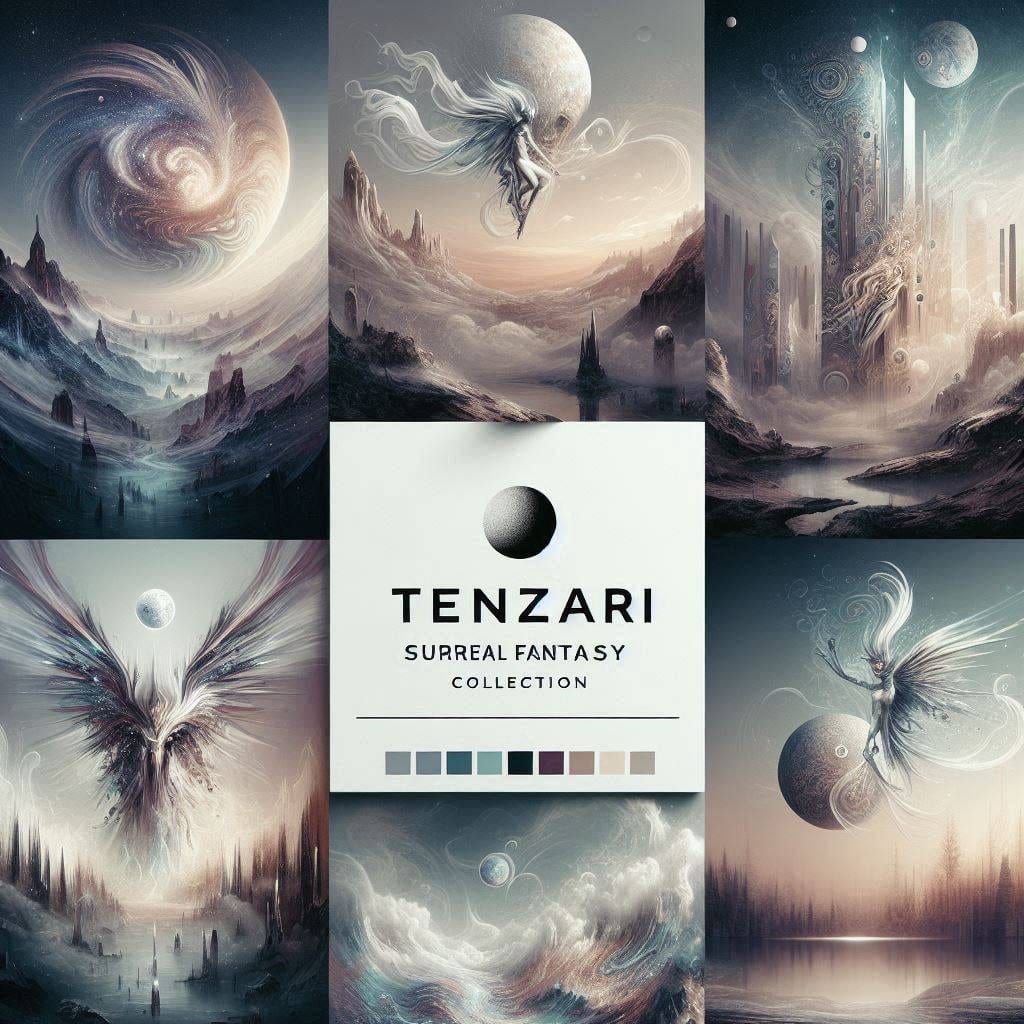 Create a clean modern image for the Surreal Fantasy Collection category featuring a selection of