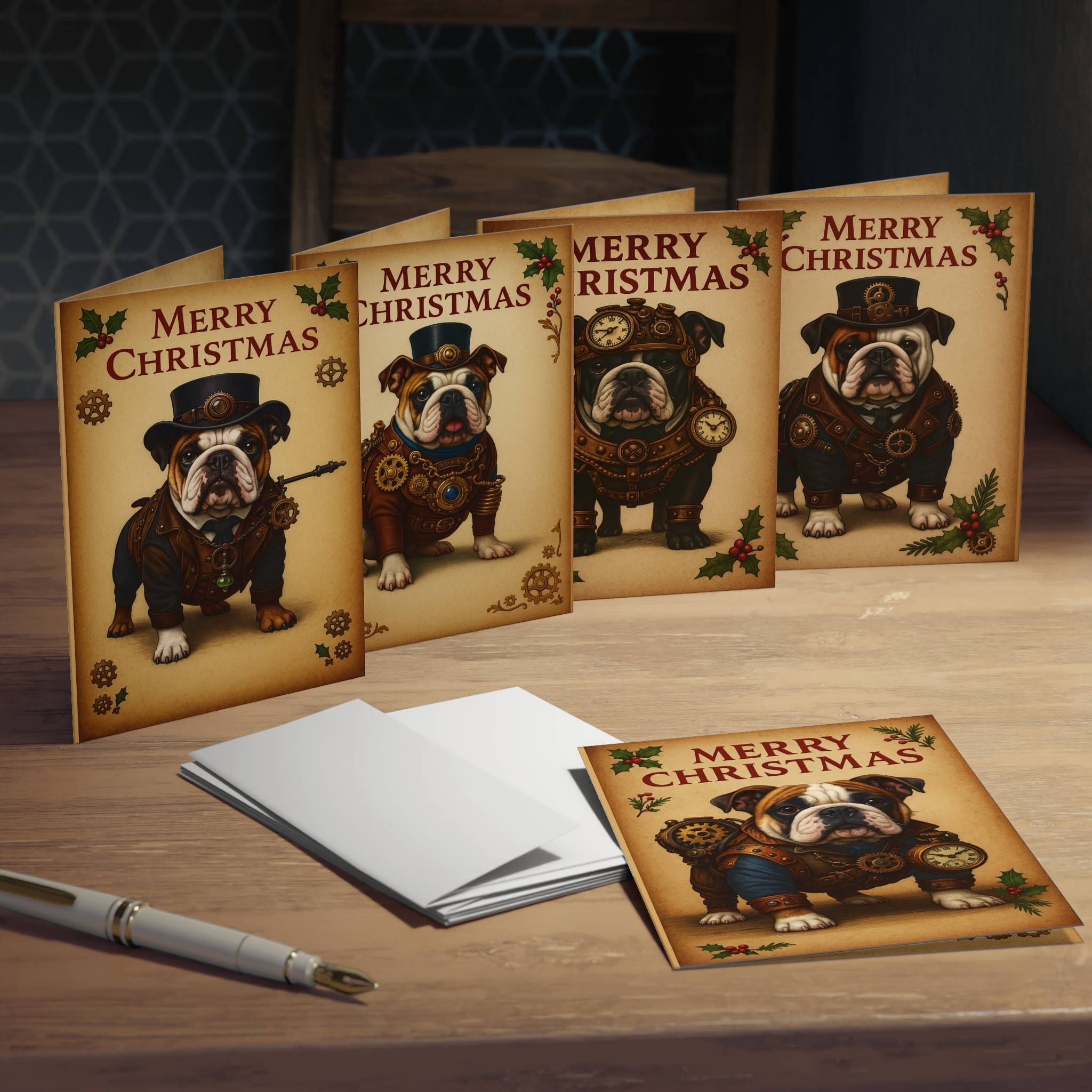 Steampunk Bulldog Merry Christmas Greeting Cards Pack 2 | Vintage Holiday Card Set