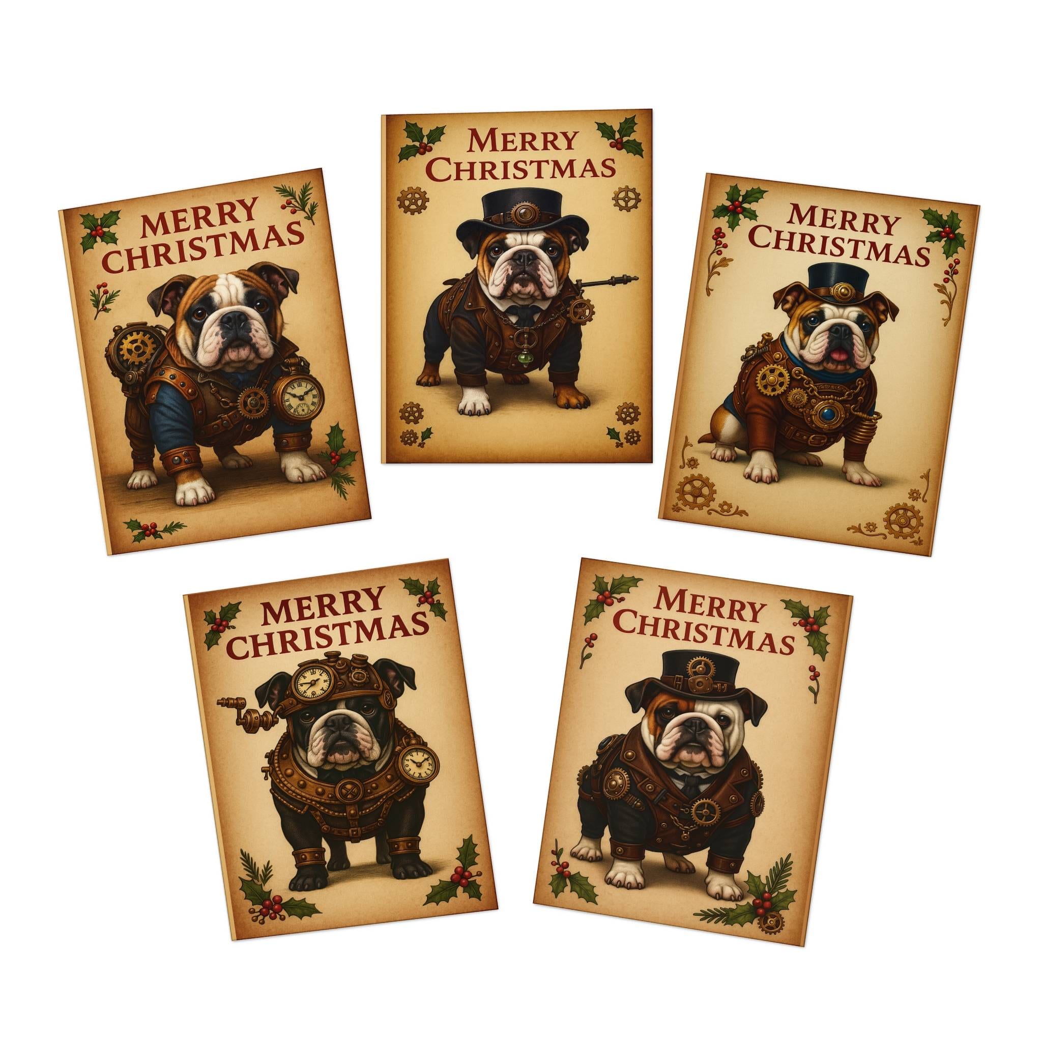 Steampunk Bulldog Merry Christmas Greeting Cards Pack 2 | Vintage Holiday Card Set