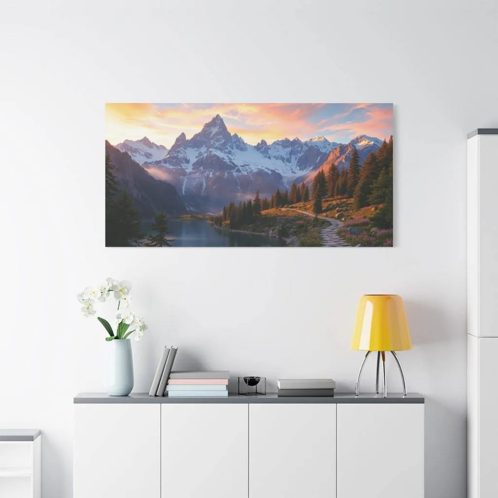 Mountain landscape painting above a white cabinet with books, flowers and lamp