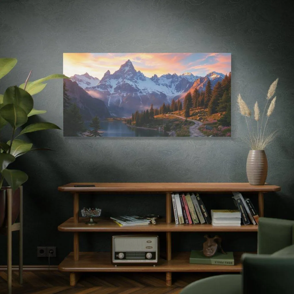 Framed mountain landscape painting on a wall above a shelf