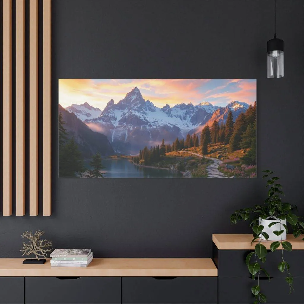 Mountain landscape artwork on a wall in a modern living room with console table, plants and sunset painting