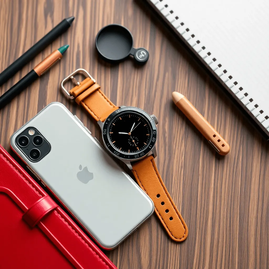 Smartphone, watch and accessories on a wooden desk