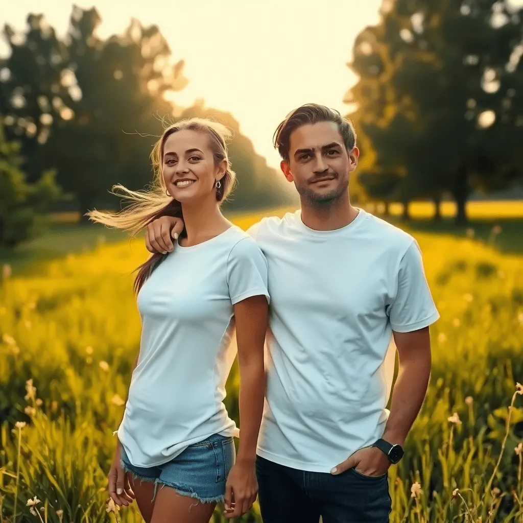 Smiling young couple standing together outdoors in a sunny park