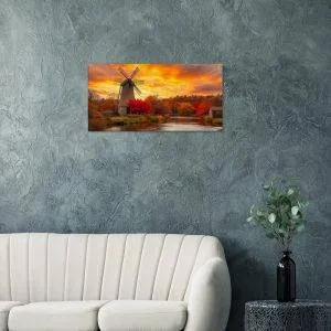 Crimson Winds at Dusk – Autumn Windmill Canvas Wall Art
