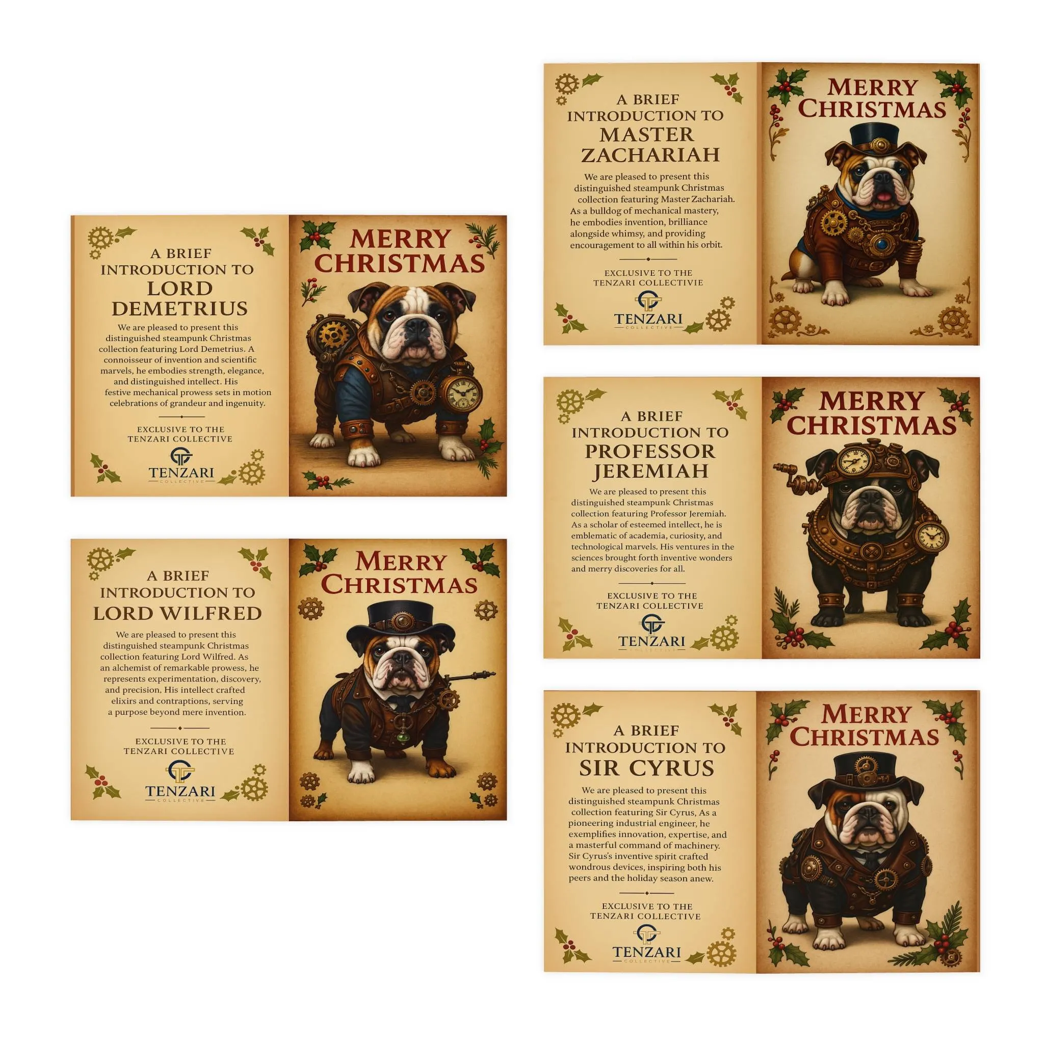 Steampunk Bulldog Merry Christmas Greeting Cards Pack 2 | Vintage Holiday Card Set