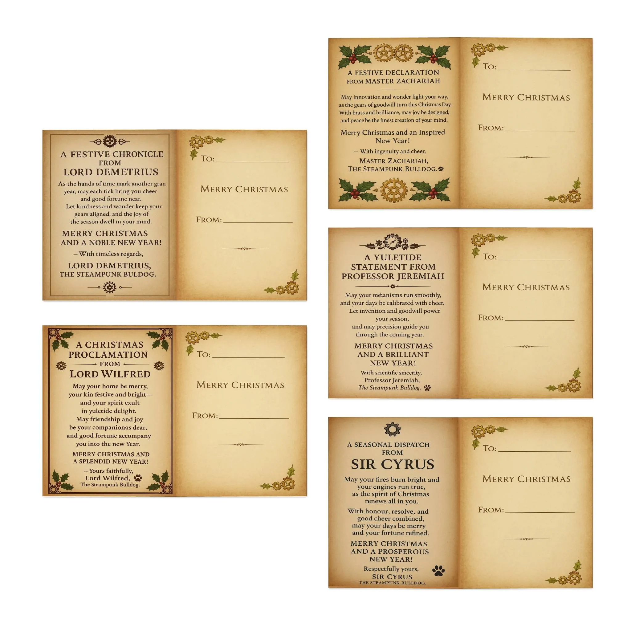 Steampunk Bulldog Merry Christmas Greeting Cards Pack 2 | Vintage Holiday Card Set