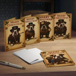 Steampunk Bulldog Merry Christmas Greeting Cards Pack 2 | Vintage Holiday Card Set