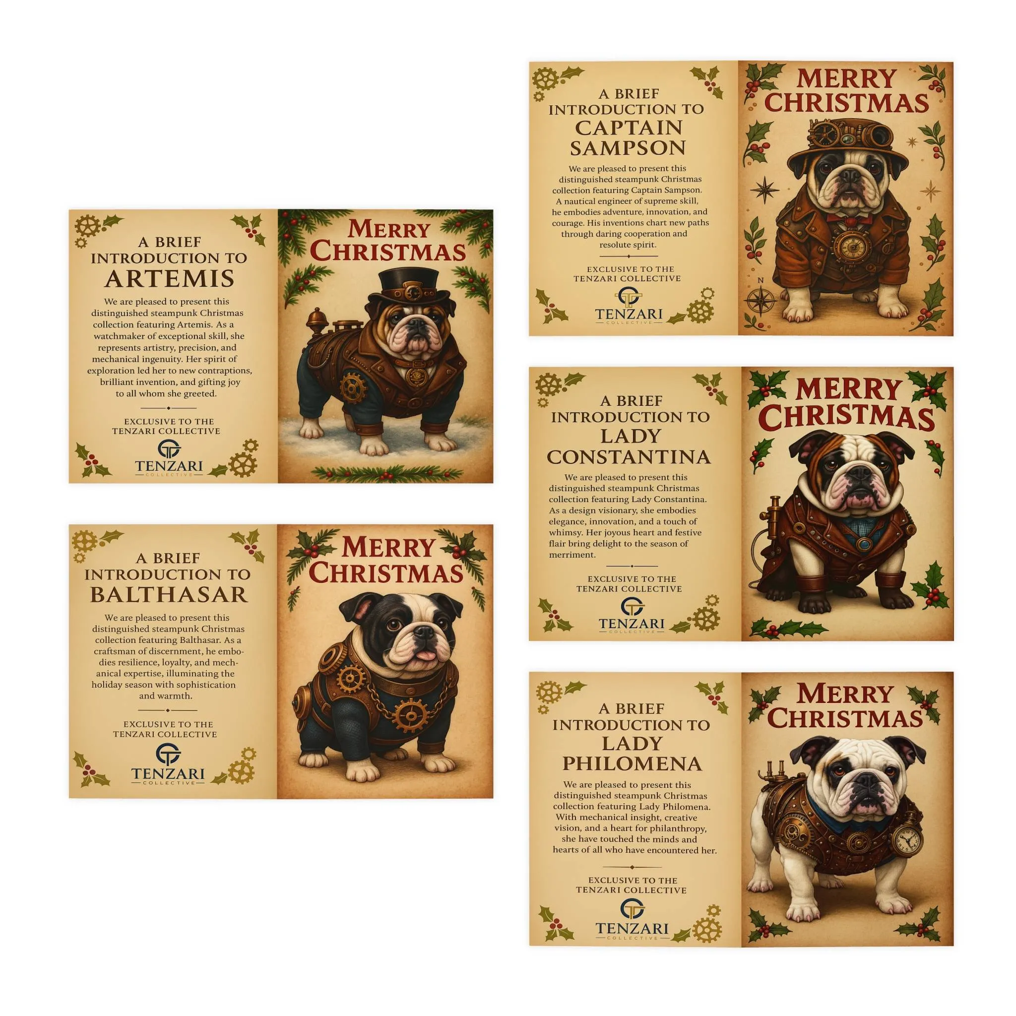 Steampunk Bulldog Merry Christmas Greeting Cards Pack 1