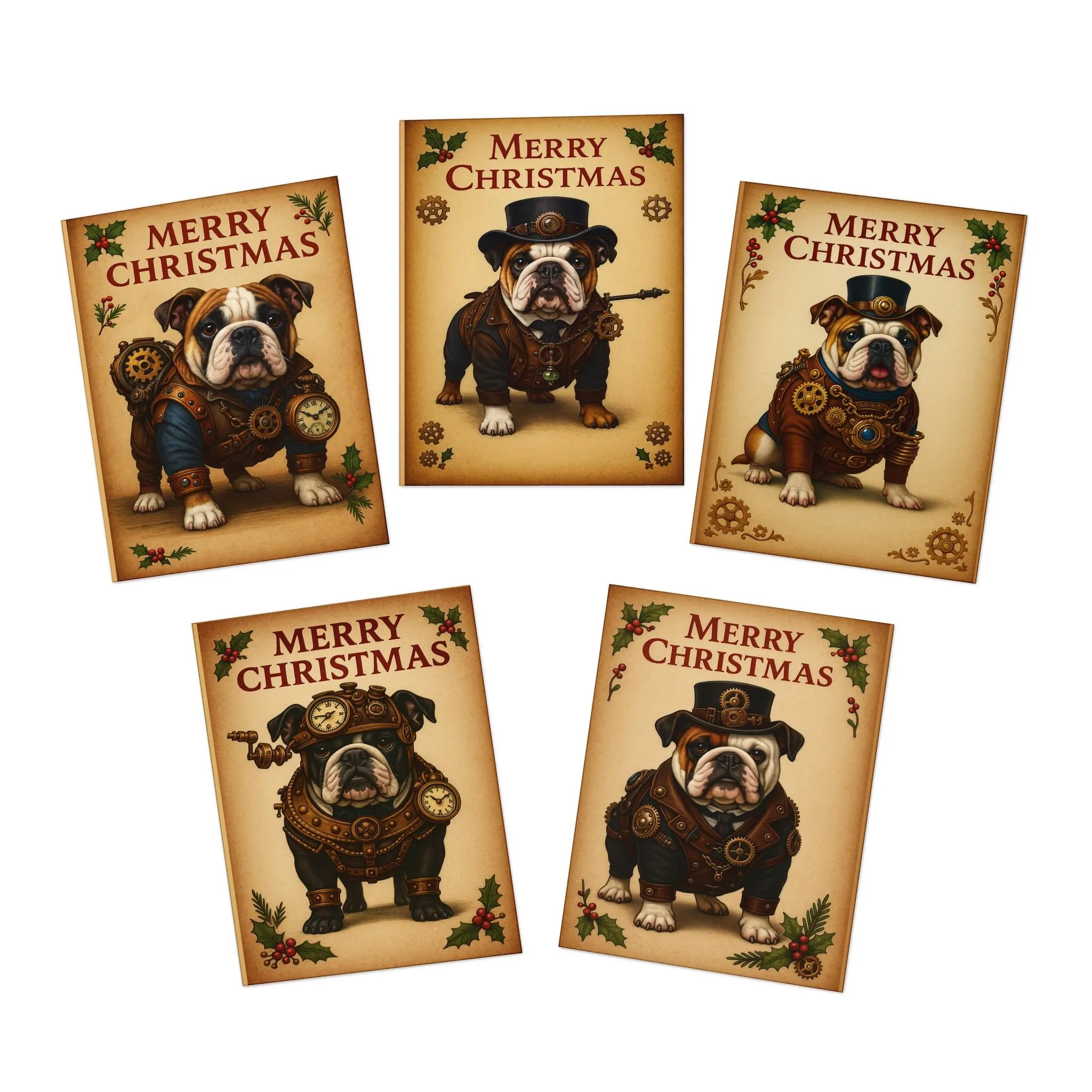 Steampunk Bulldog Merry Christmas Greeting Cards Pack 2 | Vintage Holiday Card Set