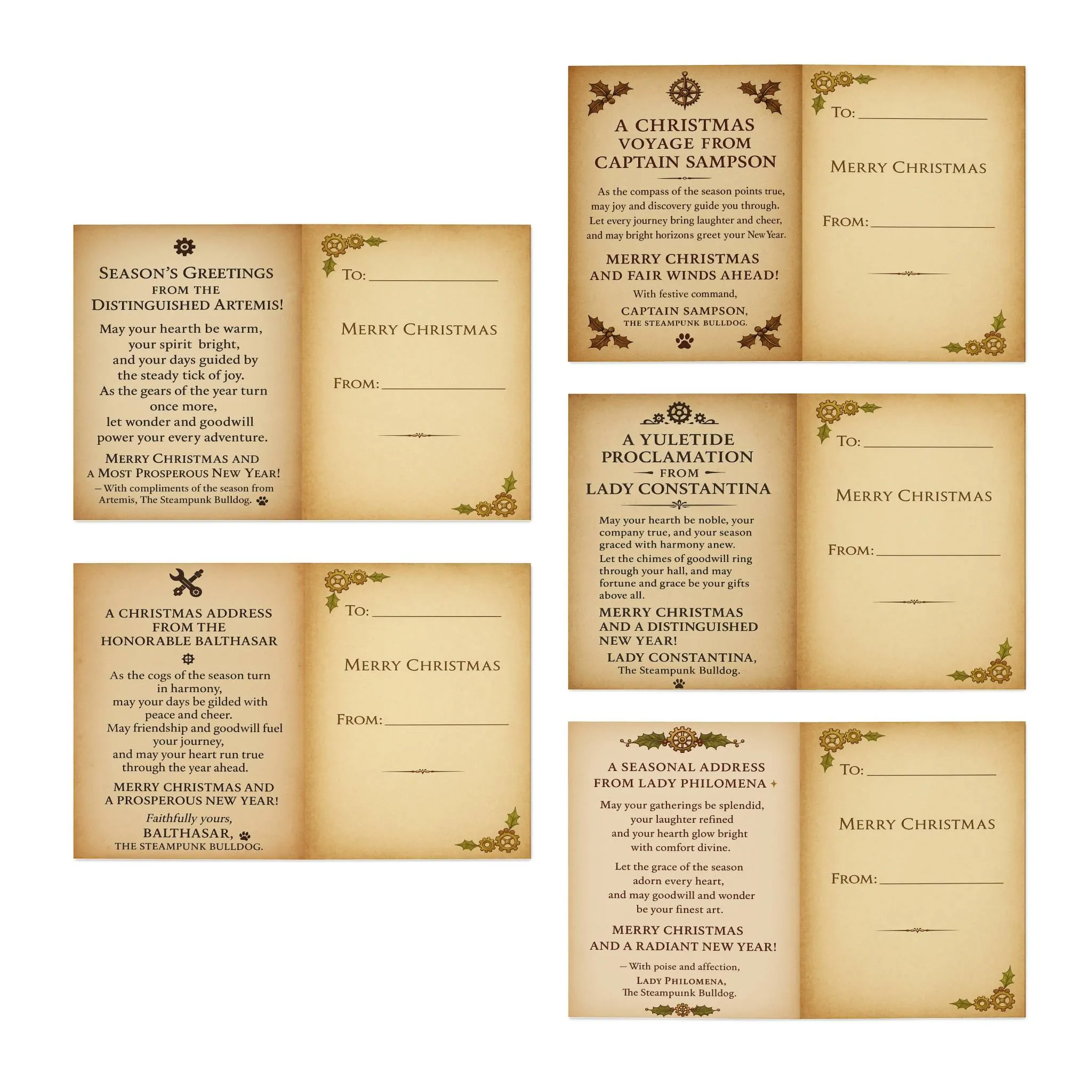 Steampunk Bulldog Merry Christmas Greeting Cards Pack 1