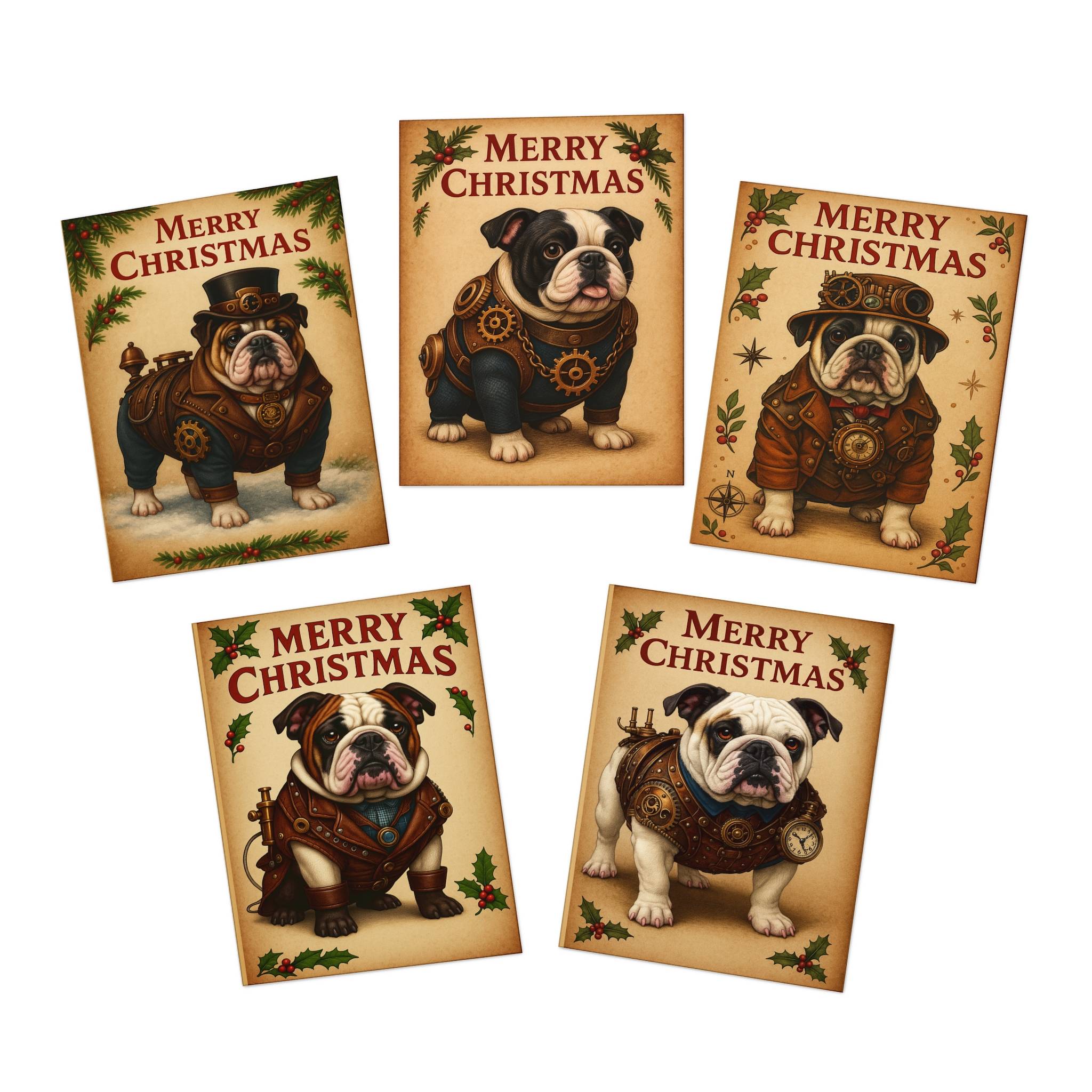 Steampunk Bulldog Merry Christmas Greeting Cards Pack 1